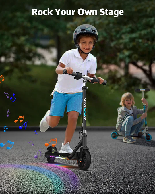 Explore the Gyroor H30Max Kids Electric Scooter for ages 6-12. Features powerful motor, adjustable heights, safety brakes, LED lights, and Bluetooth speaker. Perfect for safe, fun rides!tte