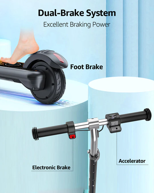 Explore the Gyroor H30Max Kids Electric Scooter for ages 6-12. Features powerful motor, adjustable heights, safety brakes, LED lights, and Bluetooth speaker. Perfect for safe, fun rides!55