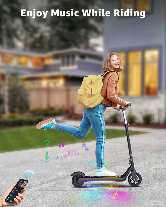 Explore the Gyroor H30Max Kids Electric Scooter for ages 6-12. Features powerful motor, adjustable heights, safety brakes, LED lights, and Bluetooth speaker. Perfect for safe, fun rides!23
