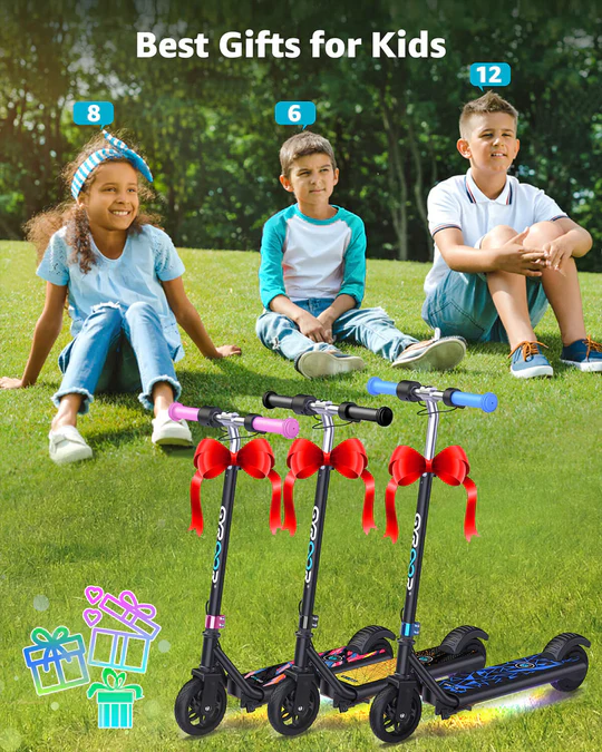 Explore the Gyroor H30Max Kids Electric Scooter for ages 6-12. Features powerful motor, adjustable heights, safety brakes, LED lights, and Bluetooth speaker. Perfect for safe, fun rides!1