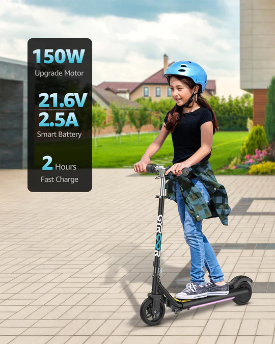 Explore the Gyroor H30Max Kids Electric Scooter for ages 6-12. Features powerful motor, adjustable heights, safety brakes, LED lights, and Bluetooth speaker. Perfect for safe, fun rides!ter