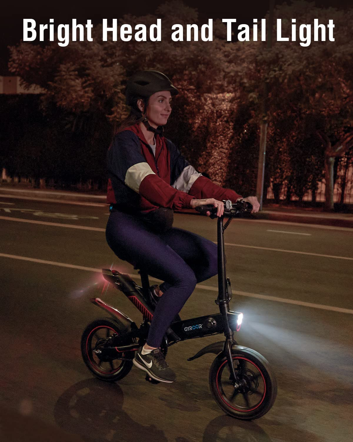 Electric bike rider at night with bright head and tail lights.”  Feel free to use this alt text on your website! If you have a