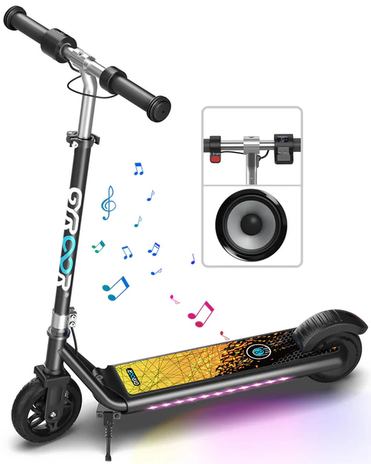 Explore the Gyroor H30Max Kids Electric Scooter for ages 6-12. Features powerful motor, adjustable heights, safety brakes, LED lights, and Bluetooth speaker. Perfect for safe, fun rides!